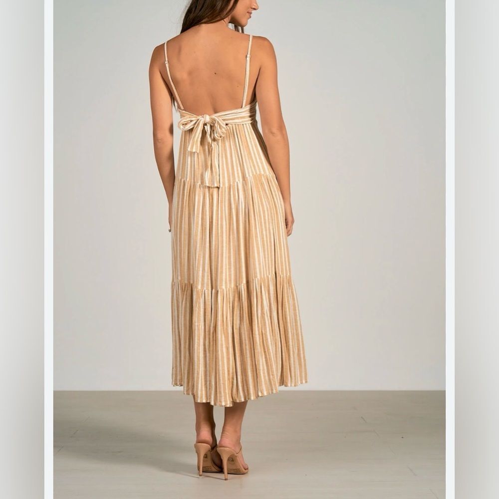 NWT Elan Curry Stripe Linen Blend Midi Dress in Tan and Cream Stripe Size M - Picture 2 of 8